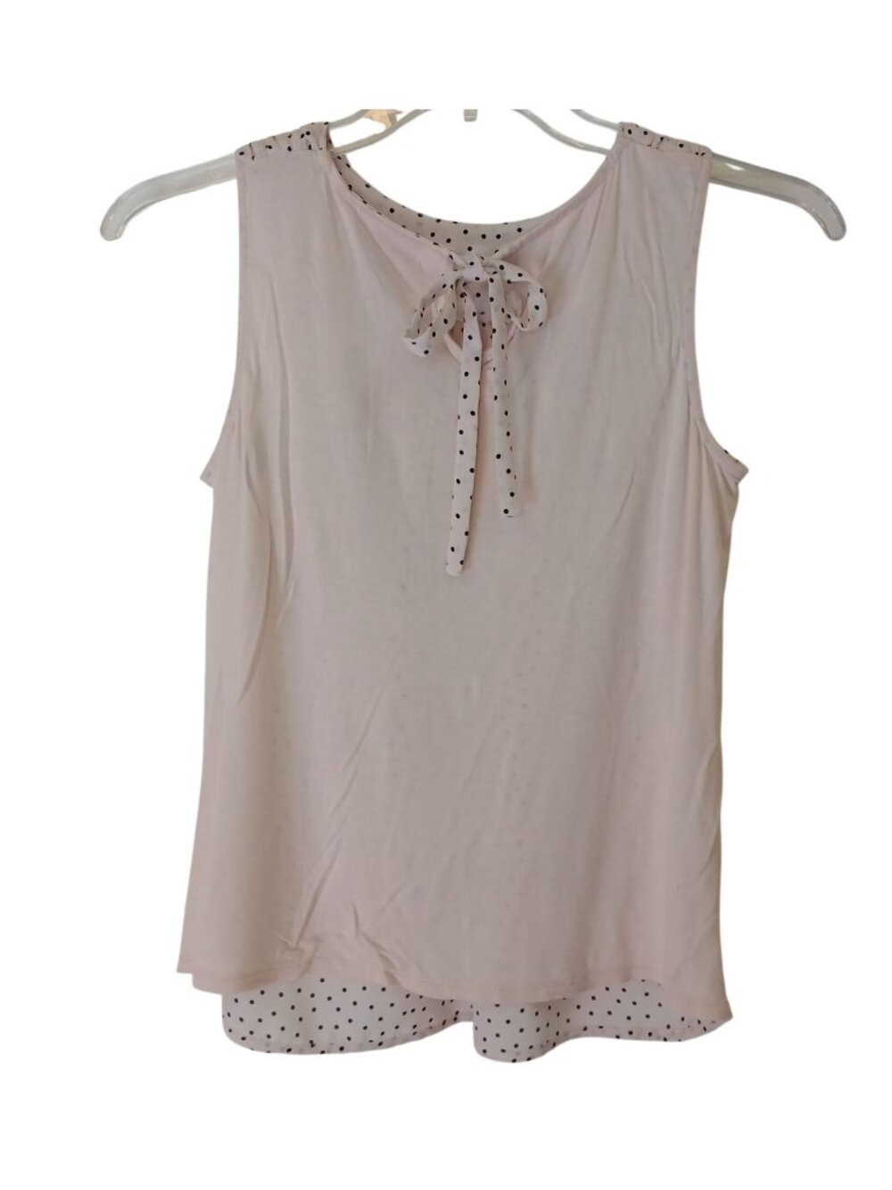 Elle Polka Dot Sleeveless Blouse Keyhole Bow Tie Sz Small Light Pink  Black #D30